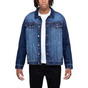 Mens  Blue Denim Jacket Washed Ripped Distressed Stretch Casual Trucker